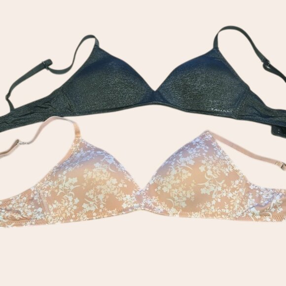 36-B TAHARI Wireless bras Dark Gray and Cream Pink floral - set of 2 - Picture 1 of 6